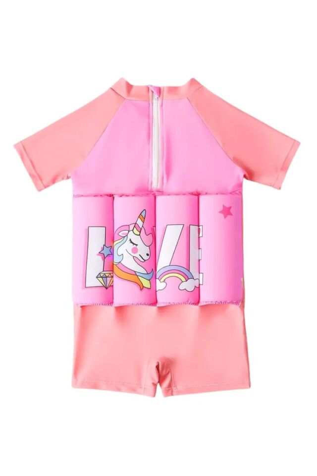 Çocuklar için (1-2yaş) süngerli yüzme mayosu unicorn desenli kız (yurtiçi) 1 adet swimwear Pembe