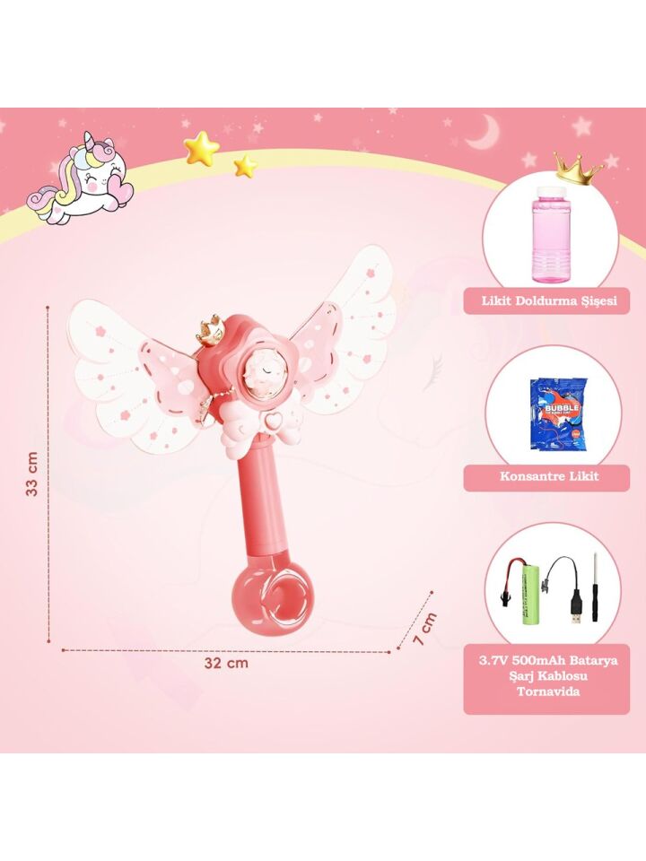 Bloomie Unicorn Asa Şeklinde Baloncuk Tabancası Şarjlı Işıklı Oyuncak Köpük Makinesi