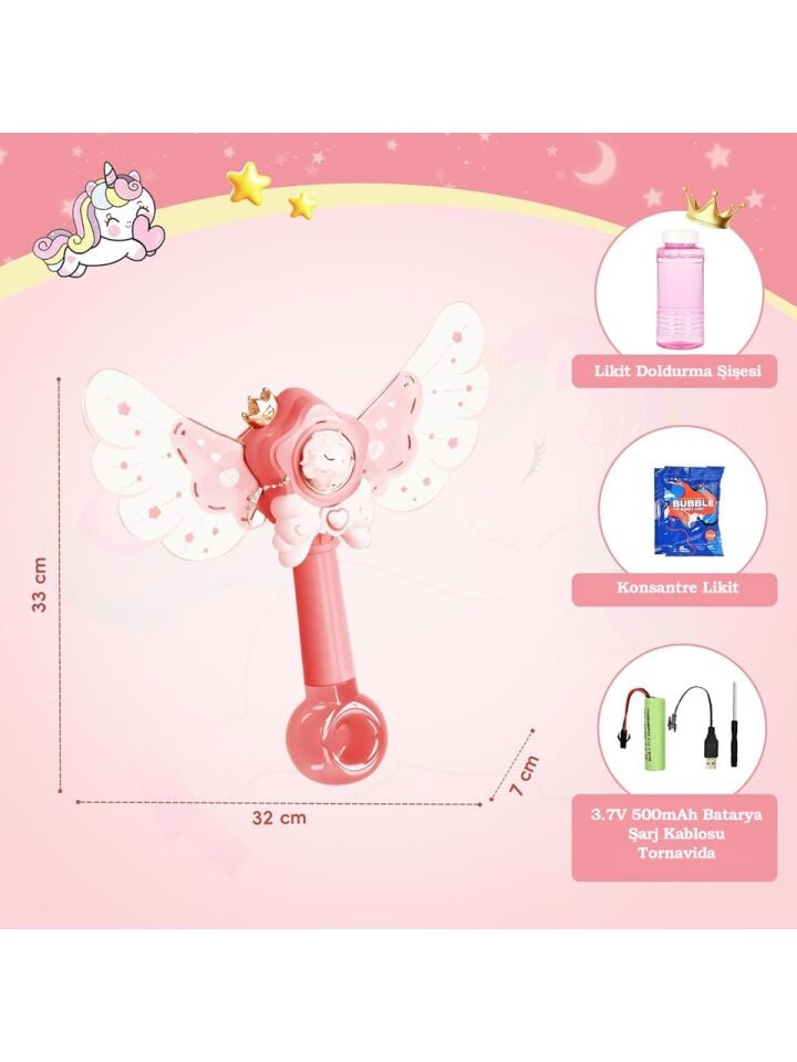 Bloomie Unicorn Asa Şeklinde Baloncuk Tabancası Şarjlı Işıklı Oyuncak Köpük Makinesi