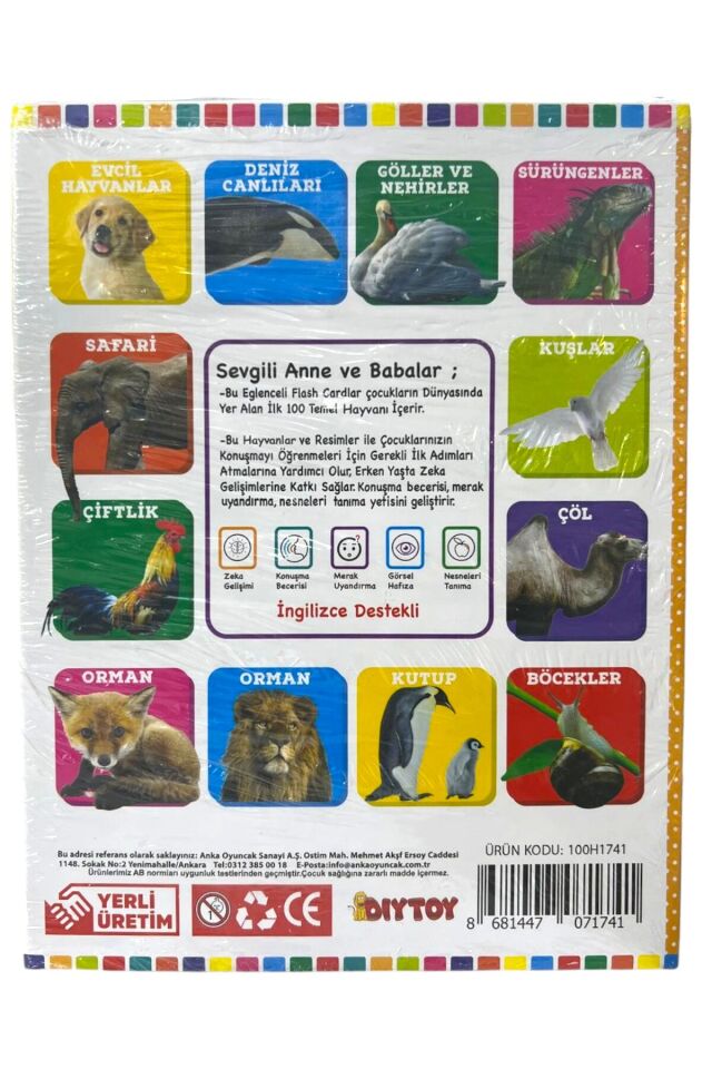 dıytoy ilk 100 hayvan eğitici öğretici kartlar serisi 12+ ay, 20x15 cm, zeka gelişimi kartları