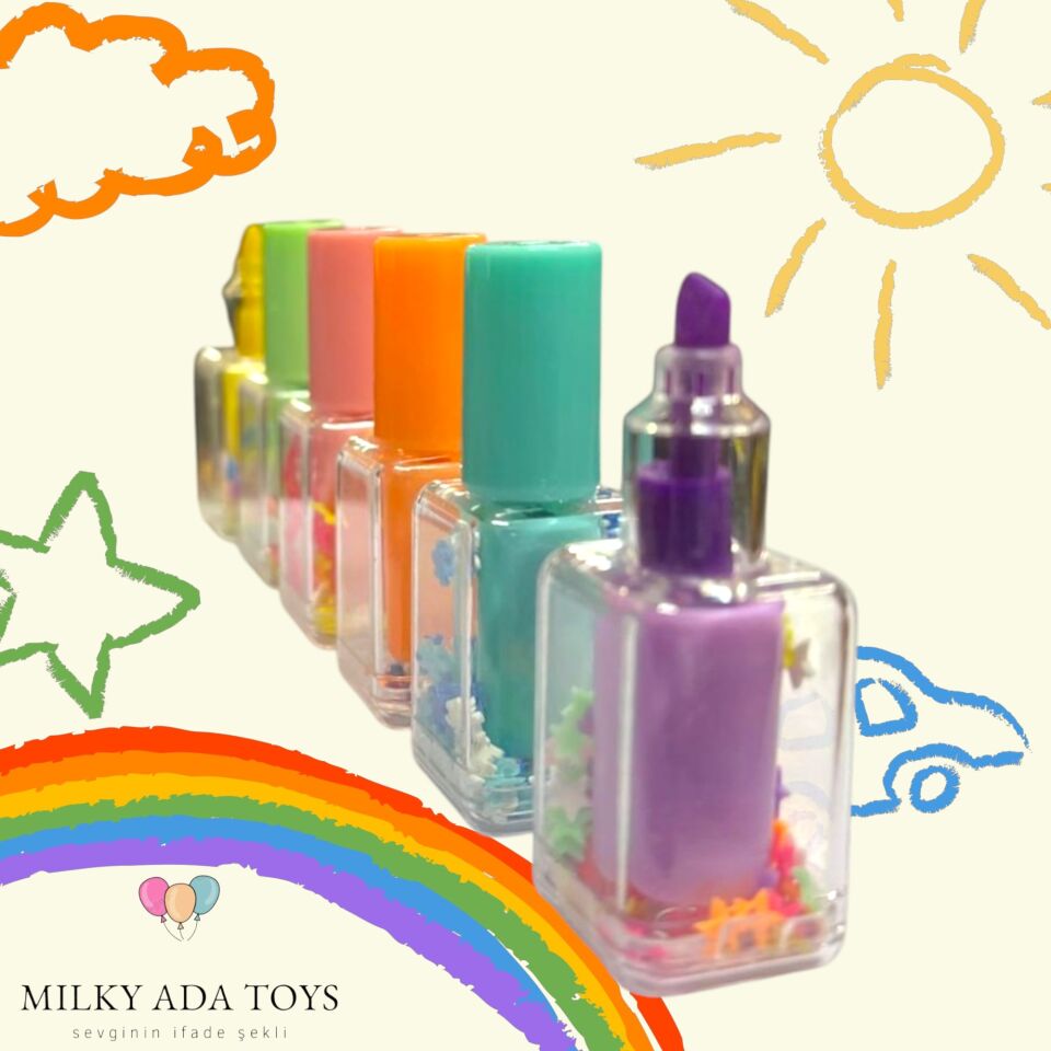Milky Ada Toys Sevimli Mini Keçeli Kalemler Oje Tasarımlı Renkli Kapaklı 6 Renk Süslü Çekici Tasarım Hediyelik 7 cm