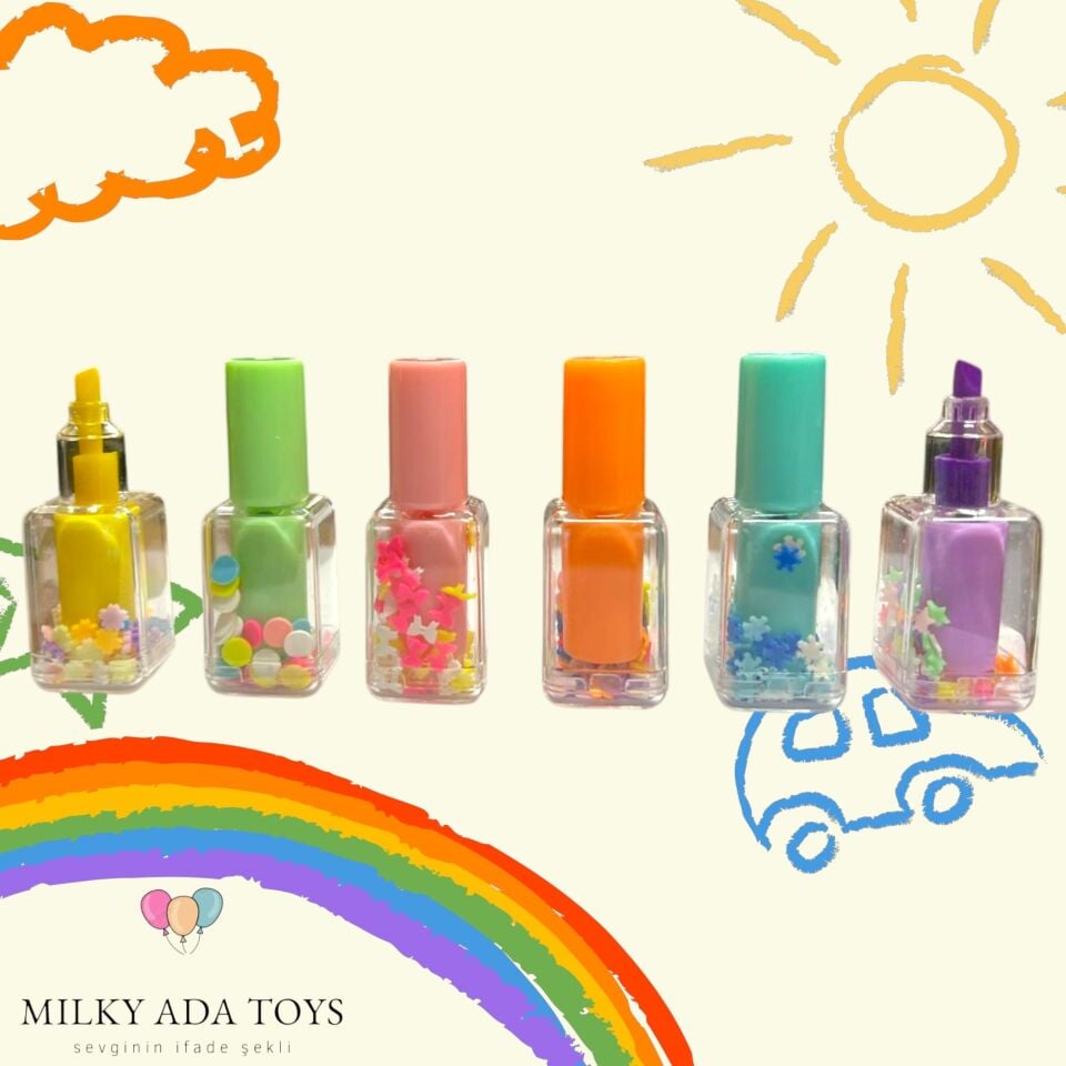 Milky Ada Toys Sevimli Mini Keçeli Kalemler Oje Tasarımlı Renkli Kapaklı 6 Renk Süslü Çekici Tasarım Hediyelik 7 cm