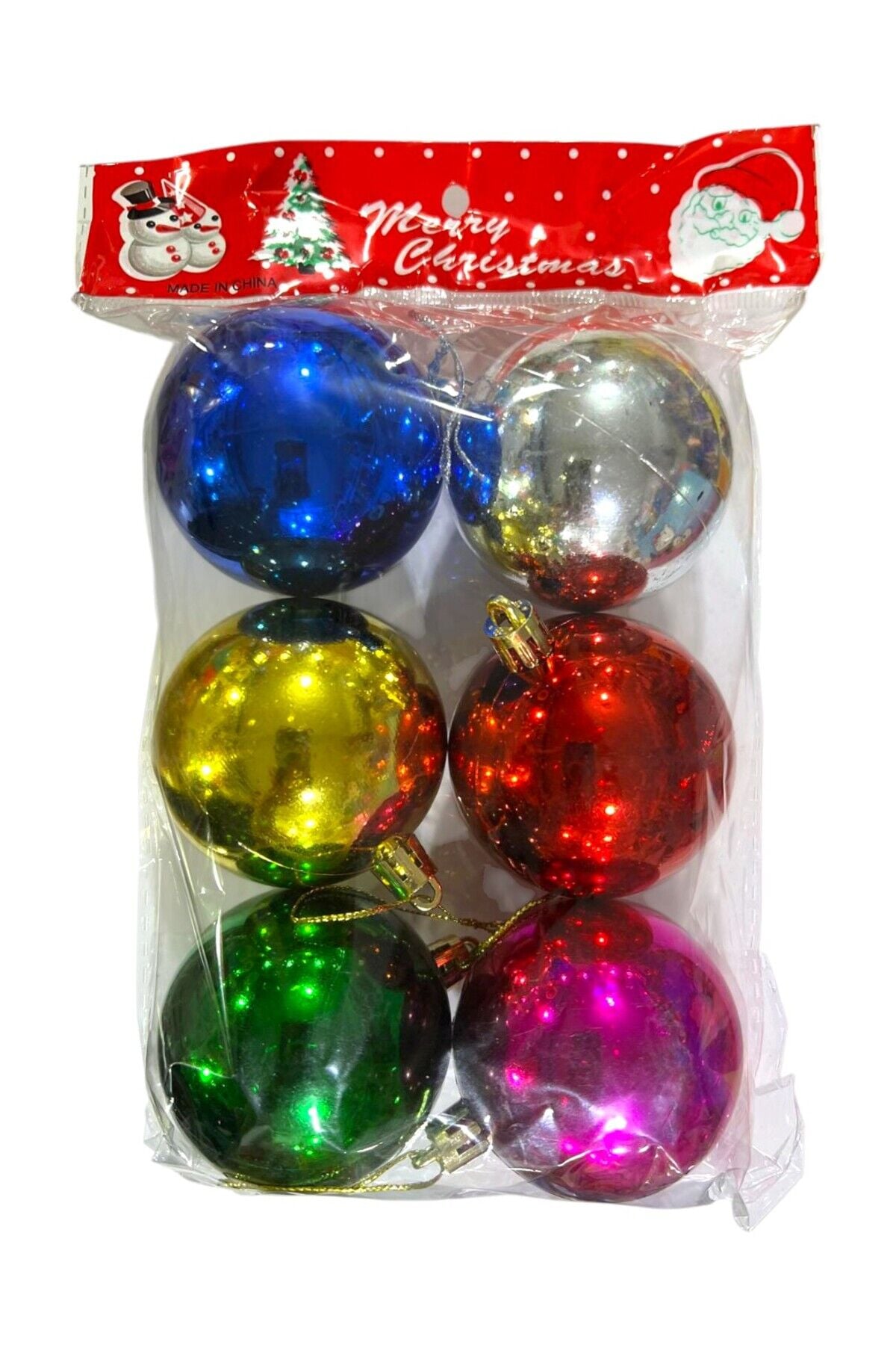 Yılbaşı süsleri 6 lı top büyük 6 cm parlak 2 asorti çok renkli