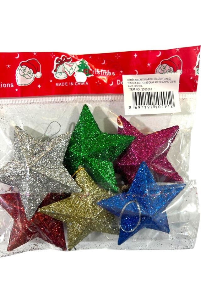 Yılbaşı süsleri simli yıldız 6 lı çok renkli 6,5 cm