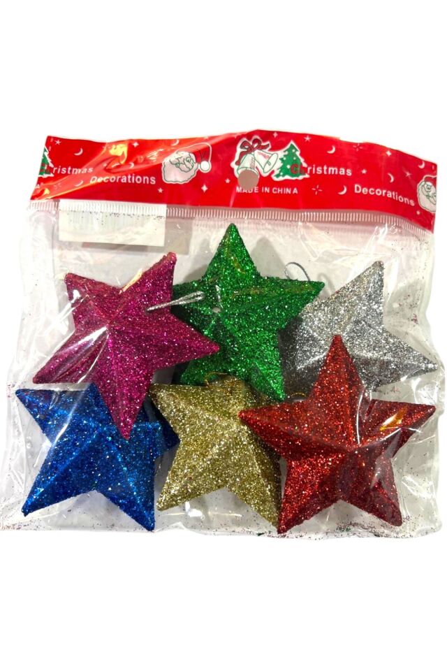 Yılbaşı süsleri simli yıldız 6 lı çok renkli 6,5 cm