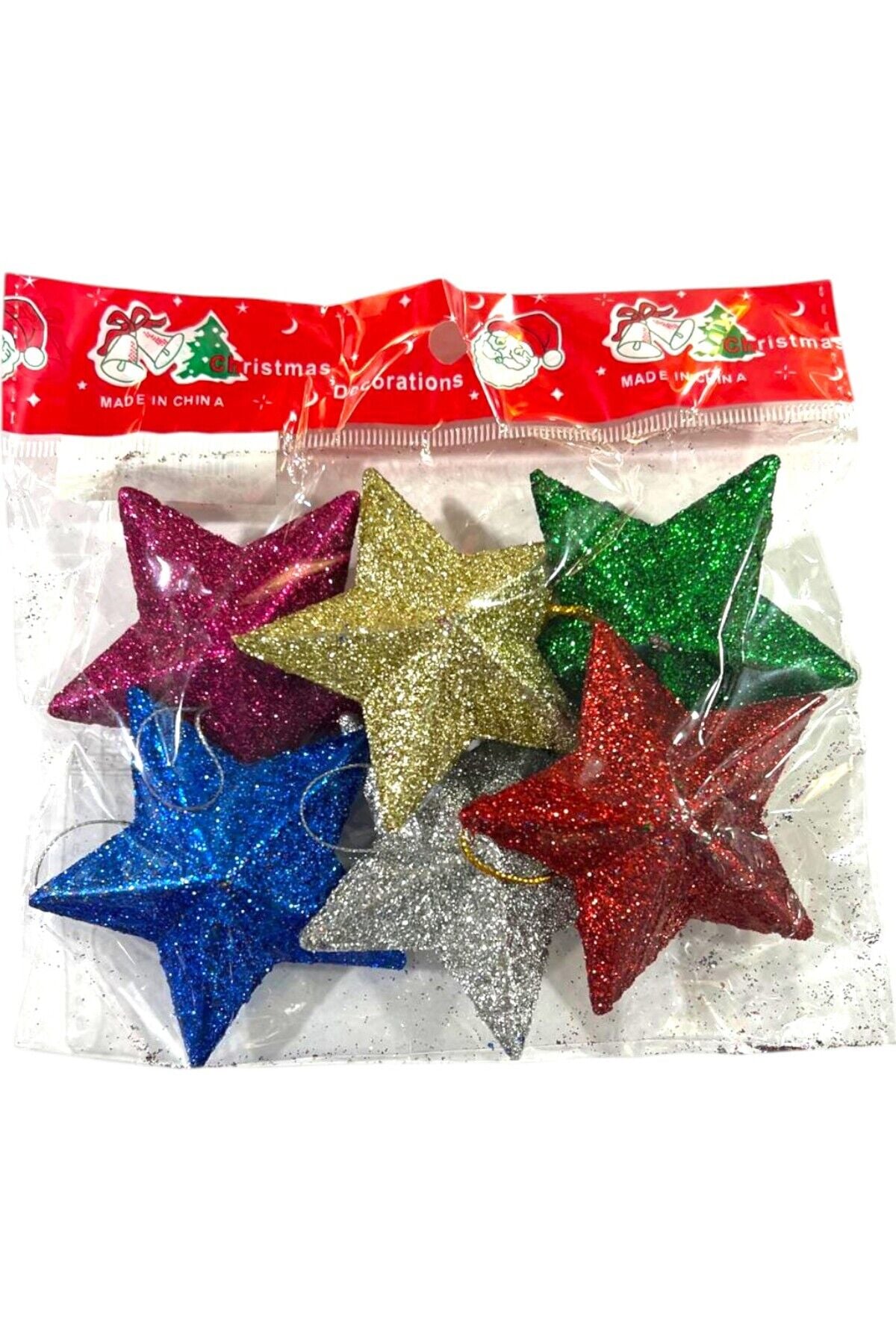 Yılbaşı süsleri simli yıldız 6 lı çok renkli 6,5 cm