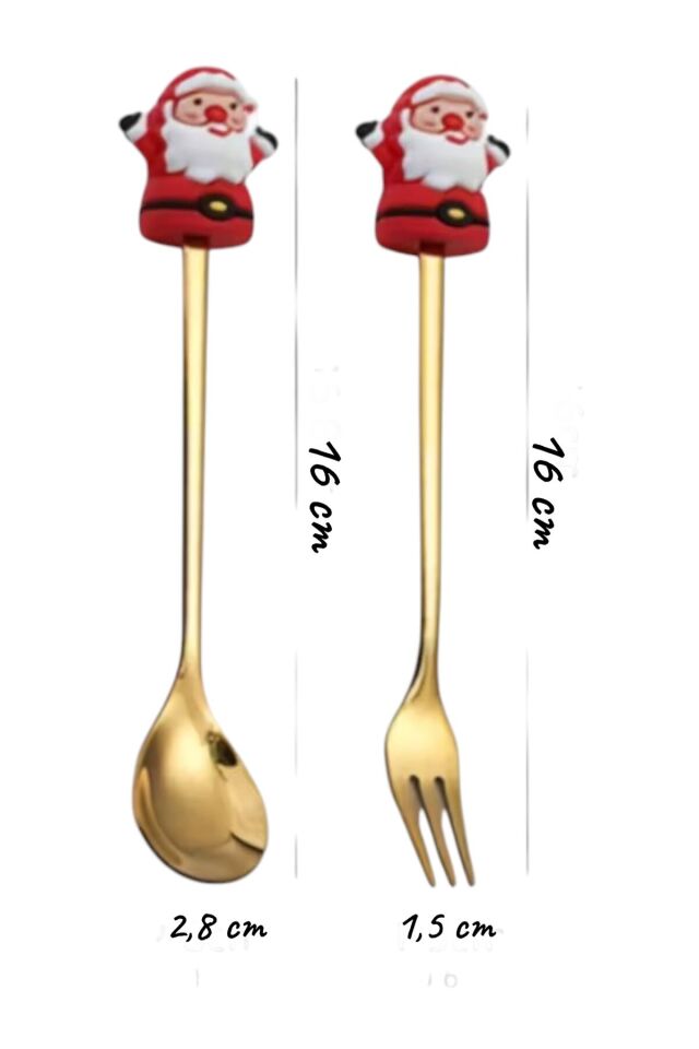 Yılbaşı Temalı Gold Tatlı Çatal Kaşık Seti 6 lı altın tonları noel baba yılbaşı ağacı figürleri