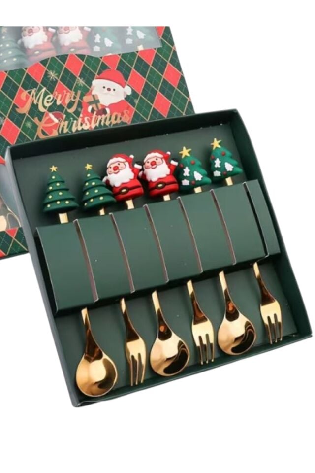 Yılbaşı Temalı Gold Tatlı Çatal Kaşık Seti 6 lı altın tonları noel baba yılbaşı ağacı figürleri