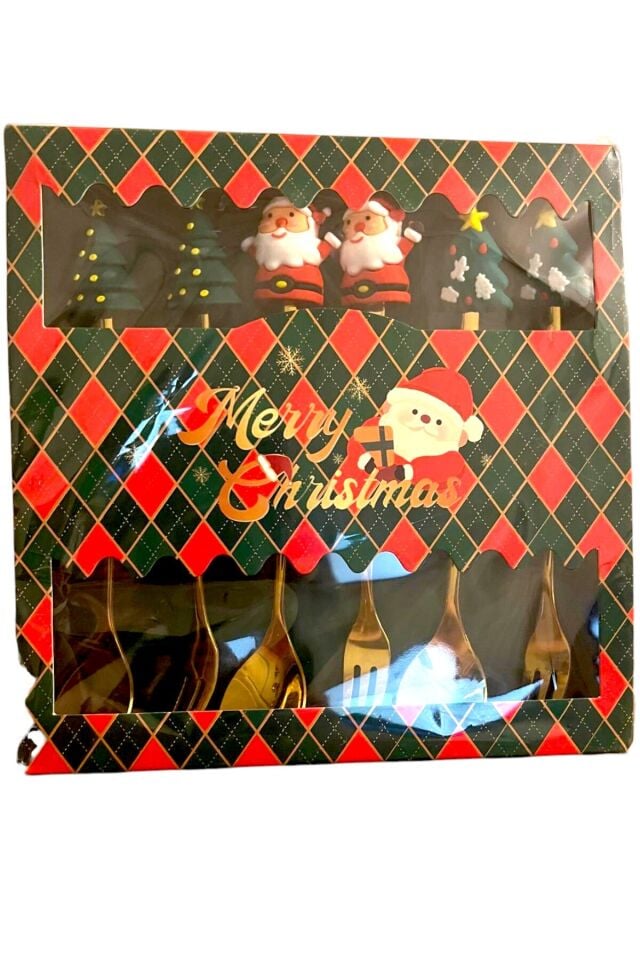 Yılbaşı Temalı Gold Tatlı Çatal Kaşık Seti 6 lı altın tonları noel baba yılbaşı ağacı figürleri