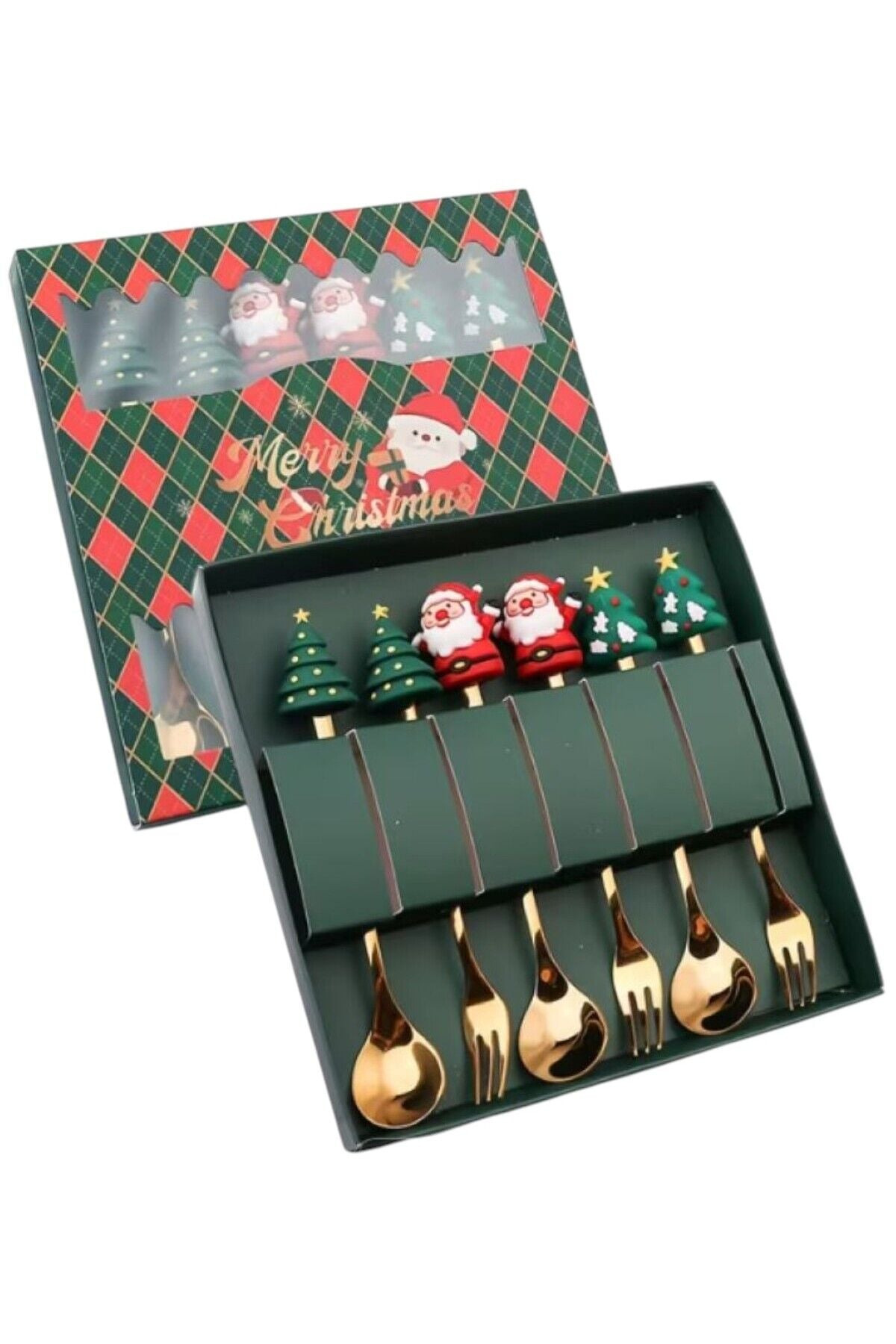 Yılbaşı Temalı Gold Tatlı Çatal Kaşık Seti 6 lı altın tonları noel baba yılbaşı ağacı figürleri
