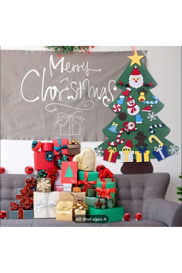 Yılbaşı ağacı 41 Parça El Yapımı Keçe 3D Noel Dekorasyon Seti - Kardan Adamlar, Ağaçlar 100 cm