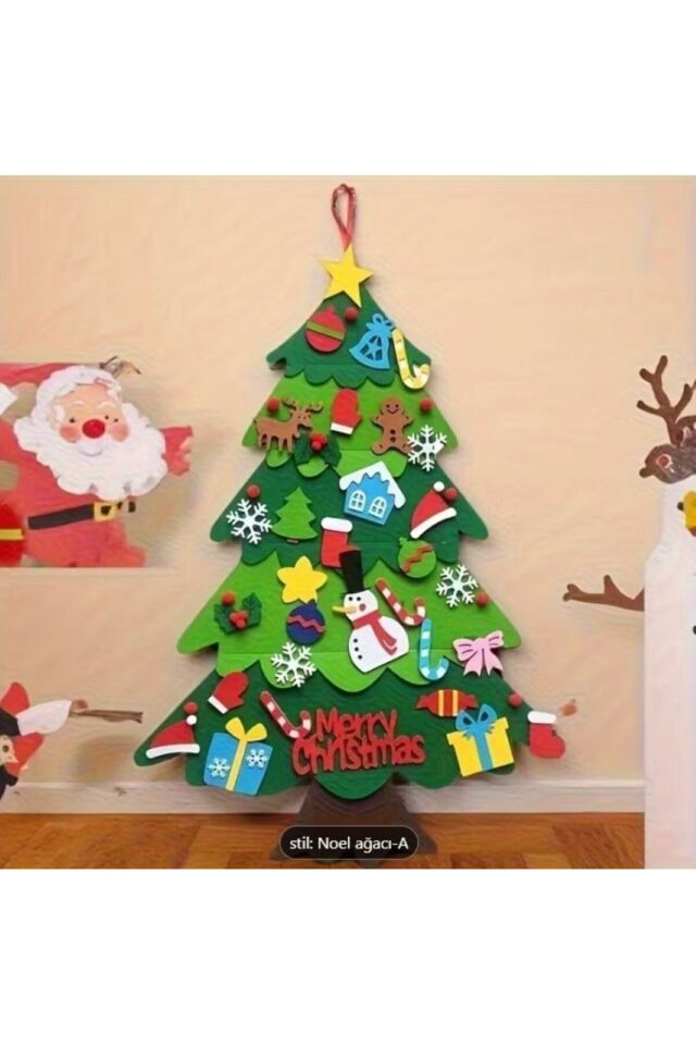 Yılbaşı ağacı 41 Parça El Yapımı Keçe 3D Noel Dekorasyon Seti - Kardan Adamlar, Ağaçlar 100 cm