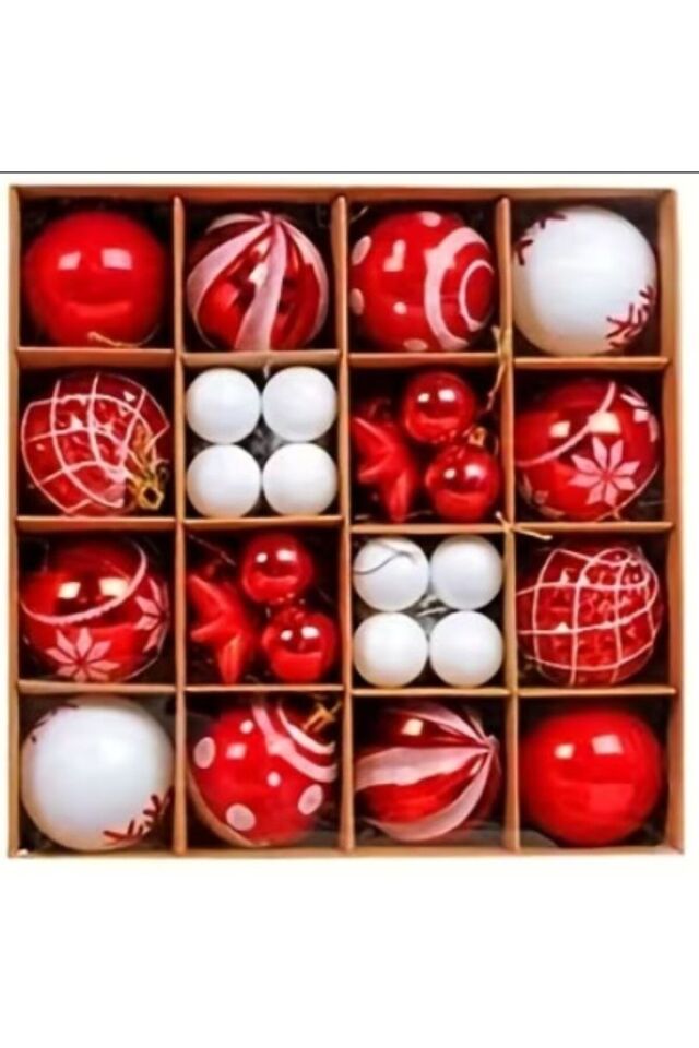 Yılbaşı süsleri yıl başı topları parlak mat renkli kırmızı beyaz 44 adet 6- 3 cm