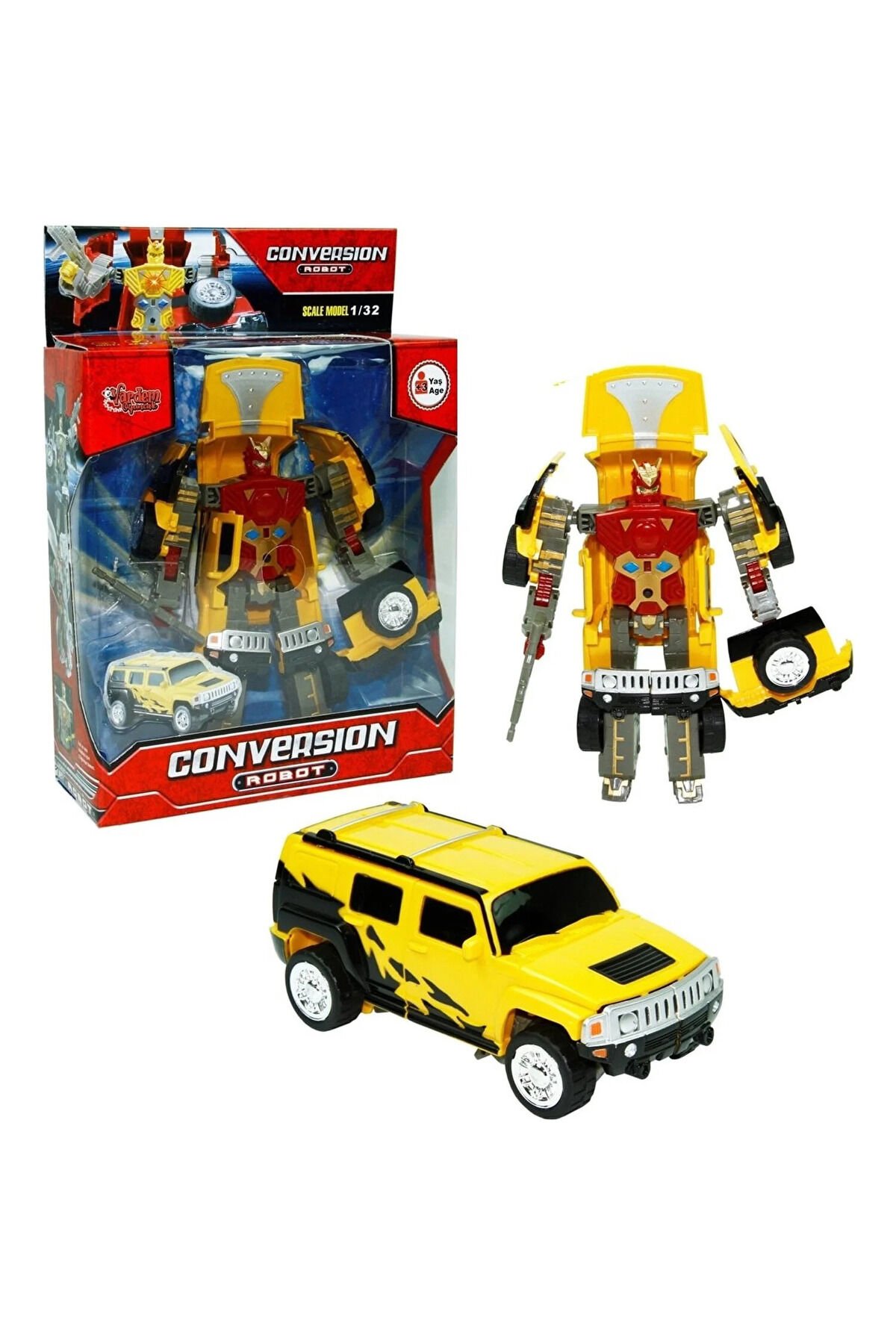 CONVERSION DÖNÜŞEN ROBOT TRANSFORMERS SARI KIRMIZI HAMMER ARACI SESLİ IŞIKLI YEŞİL 1:32 ÖLÇEK