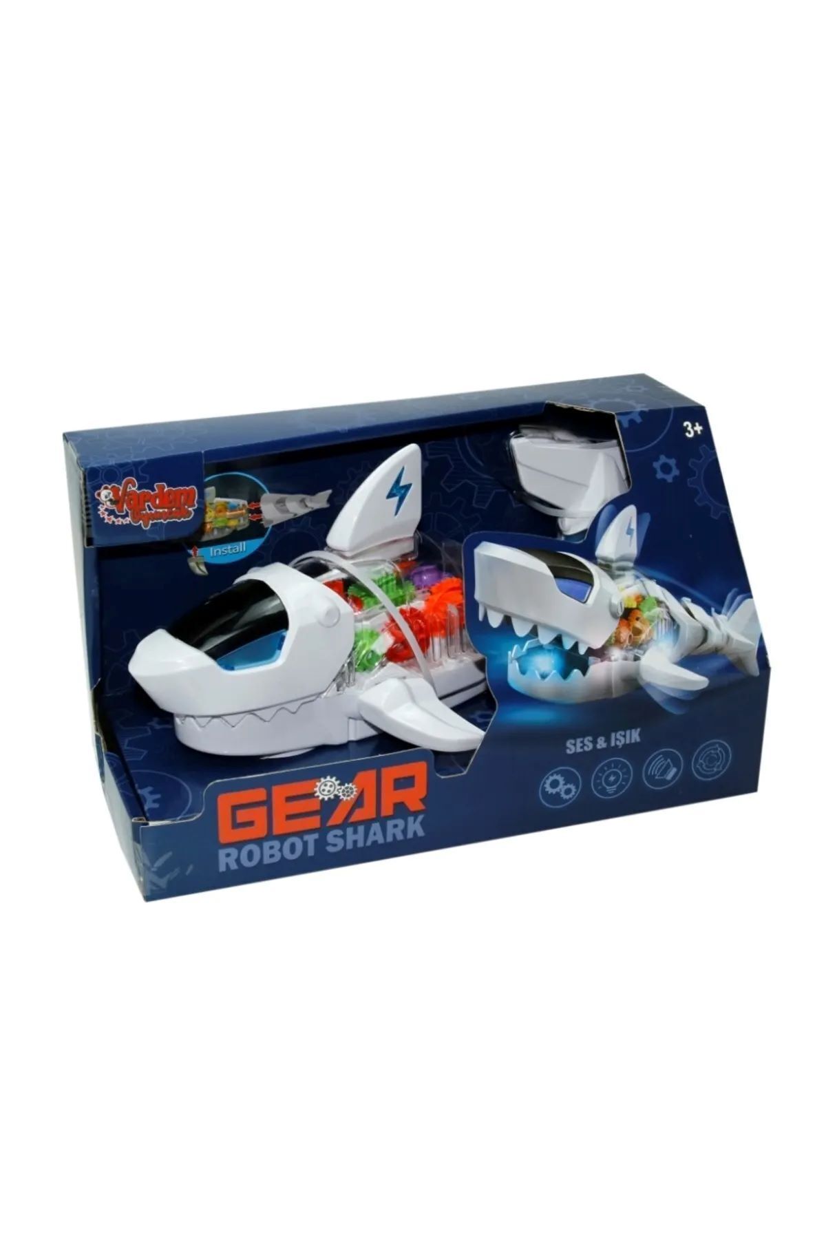 MÜZİKLİ IŞIKLI HAREKETLİ BEYAZ  GEAR ROBOT SHARK KÖPEK BALIĞI 32 x 16 cm