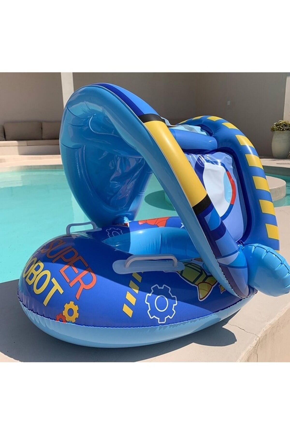 SUPER ROBOT BABY FLOAT  BEBEK YÜZME SİMİDİ GÜNEŞLİKLİ KAPANIR AÇILIR SUPER ROBOT MAVİ