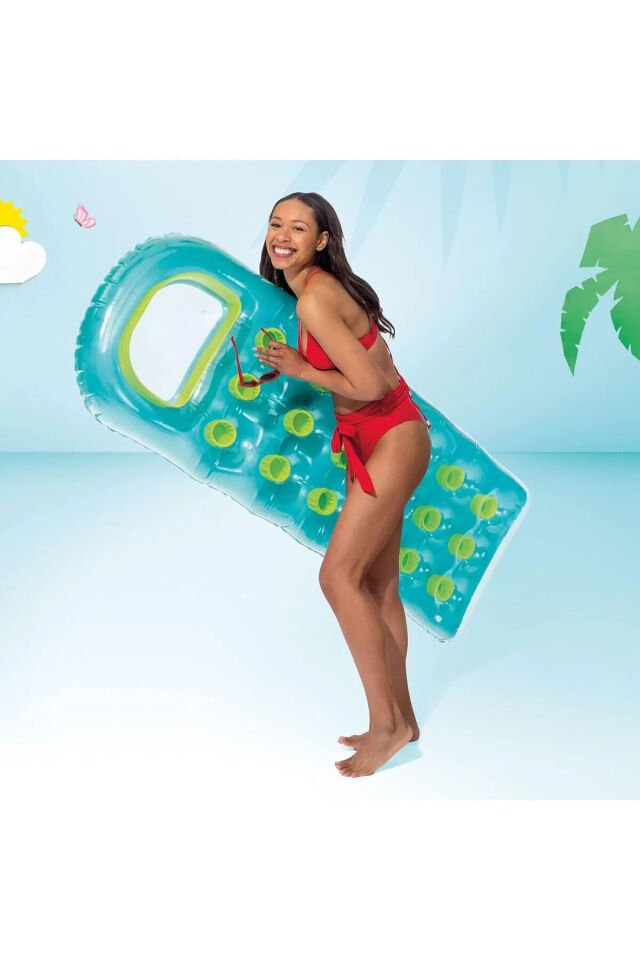 ŞİŞME DENİZ & HAVUZ YATAĞI BARDAKLI YATAK 188X71 CM YEŞİL SARI FUŞYA POCKET MAT LUFTMADRAS