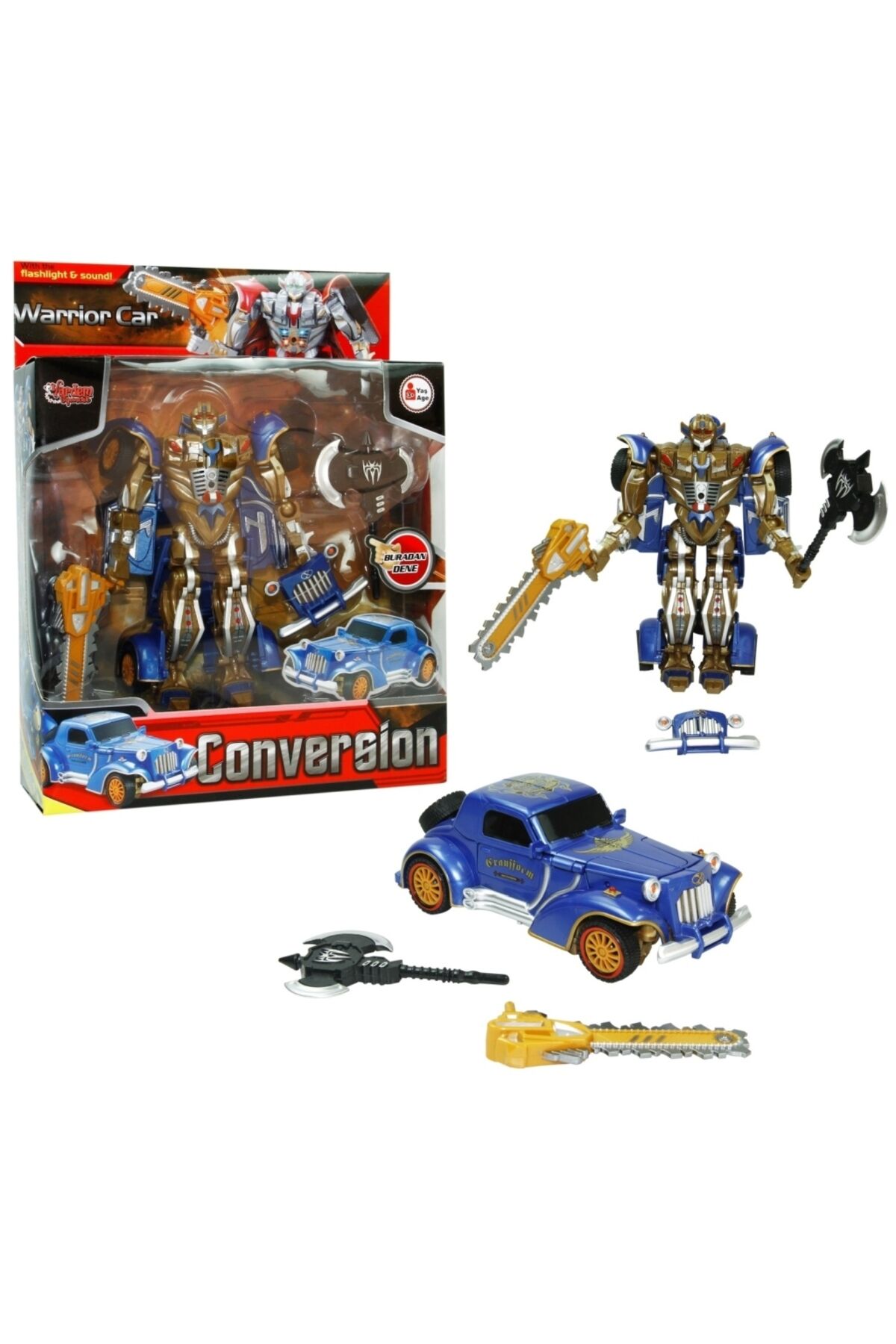 CONVERSION DÖNÜŞEN ROBOT TRANSFORMERS KLASİK ARAÇ SESLİ IŞIKLI MAVİ-GOLD 1:24 ÖLÇEK