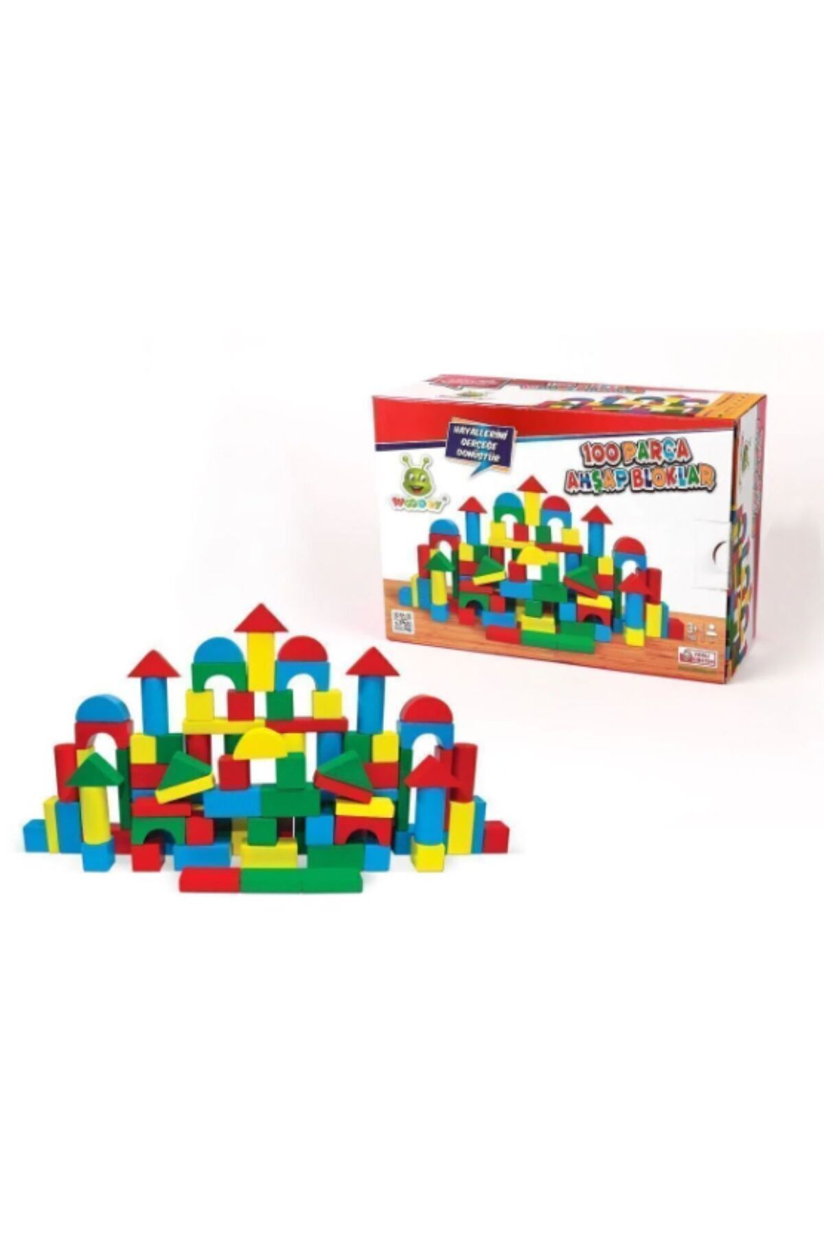 woodoy 100 parça ahşap blok seti renkli eğitici öğretici oyun blokları 3+ yaş 22x15x9 cm